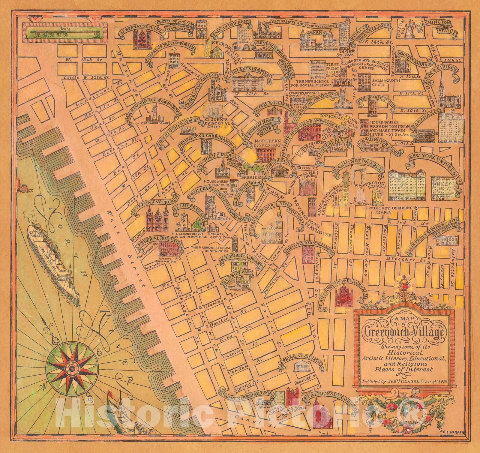 Historic Map - A map of Greenwich Village, 1934 Pictorial Map - Vintage Wall Art