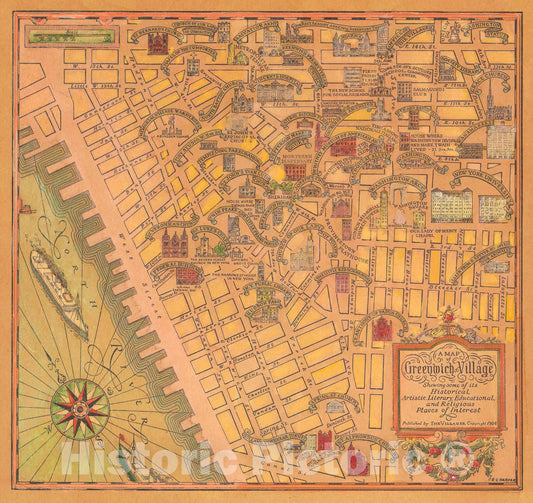 Historic Map - A map of Greenwich Village, 1934 Pictorial Map - Vintage Wall Art
