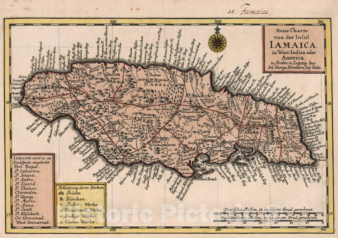 Historic Map : Jamaica, Vol 1:11- Neue Charte von der Insul Iamaica in West-Indien Oder America, 1740 Atlas , Vintage Wall Art