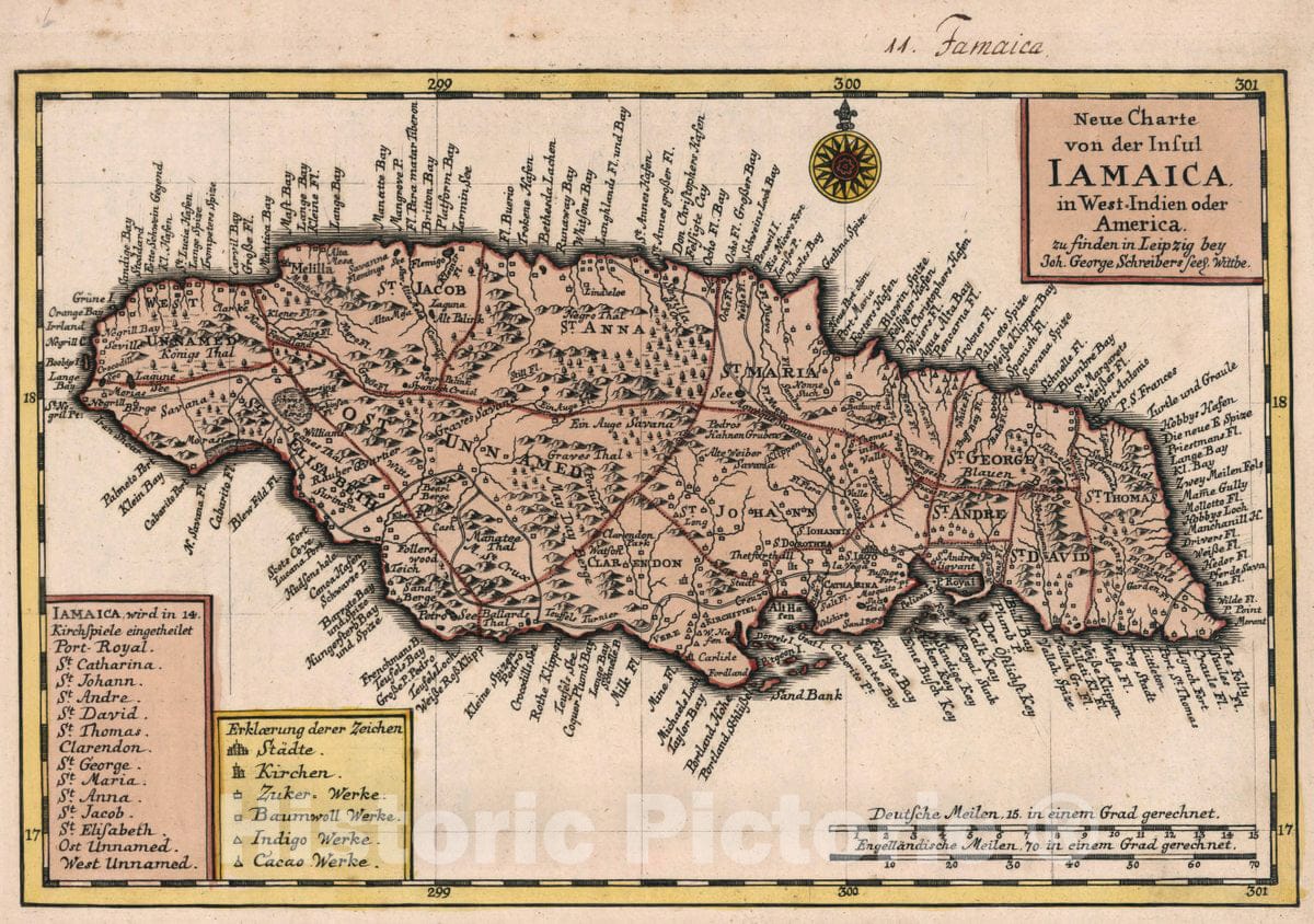 Historic Map : Jamaica, Vol 1:11- Neue Charte von der Insul Iamaica in West-Indien Oder America, 1740 Atlas , Vintage Wall Art