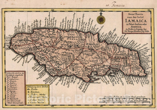 Historic Map : Jamaica, Vol 1:11- Neue Charte von der Insul Iamaica in West-Indien Oder America, 1740 Atlas , Vintage Wall Art