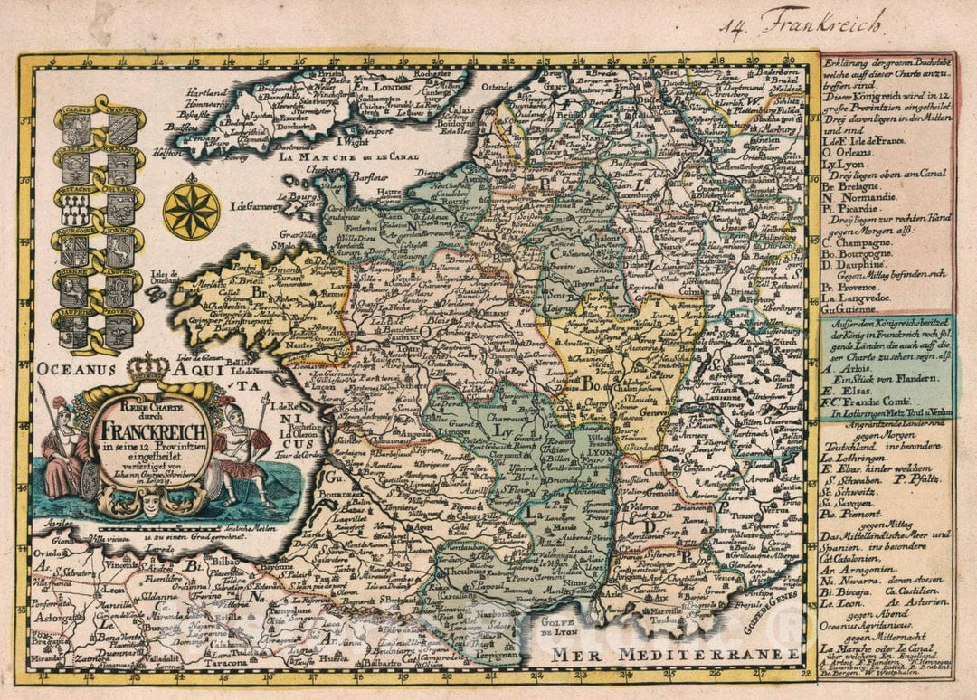 Historic Map : France, Vol 1:14- Reise Charte durch Frankreich in Seine 12 Provintzien, 1740 Atlas , Vintage Wall Art
