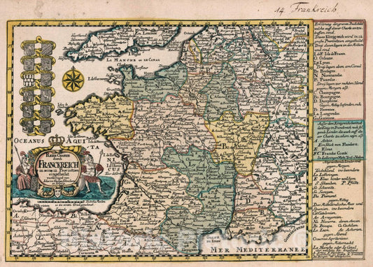 Historic Map : France, Vol 1:14- Reise Charte durch Frankreich in Seine 12 Provintzien, 1740 Atlas , Vintage Wall Art