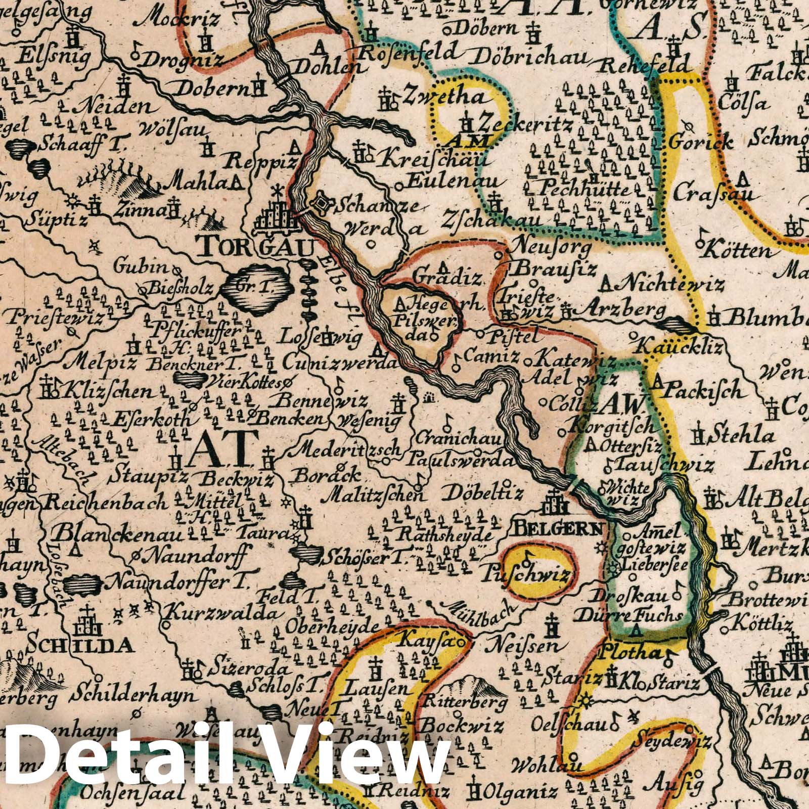 Torgau, Saxony, Germany - Road Map, 1790 - Hand-Colored Historical Map Print