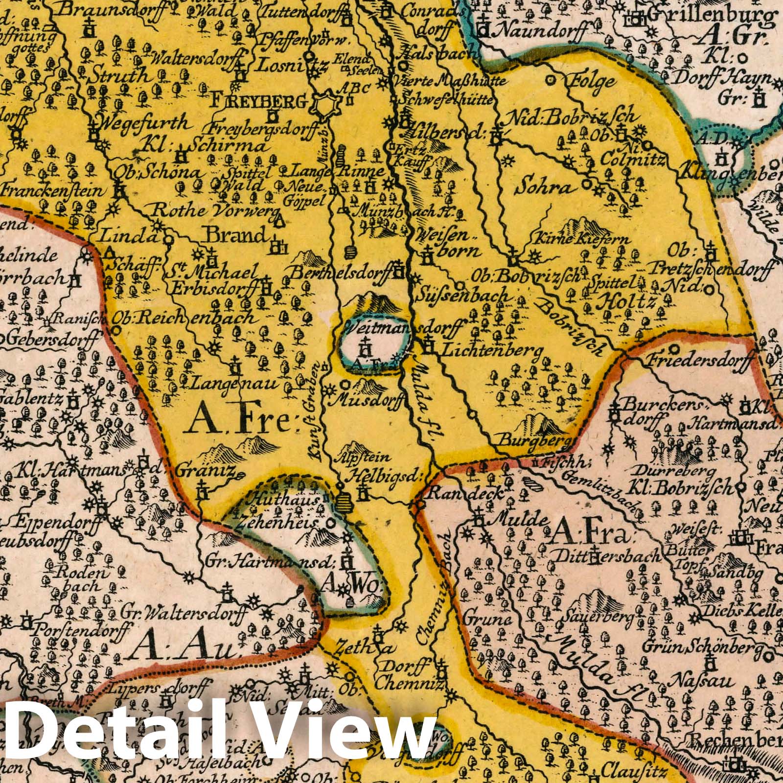 Freiberg and Frauenstein, Saxony - Road Map, 1790 - Historical Map Print