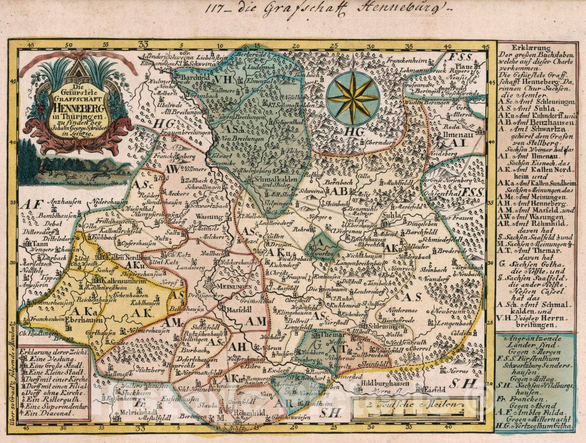 Historic Map : Germany, Vol 2:117- Die Gefurstete Graffschaft Henneberg in Thuringen, 1740 Atlas , Vintage Wall Art