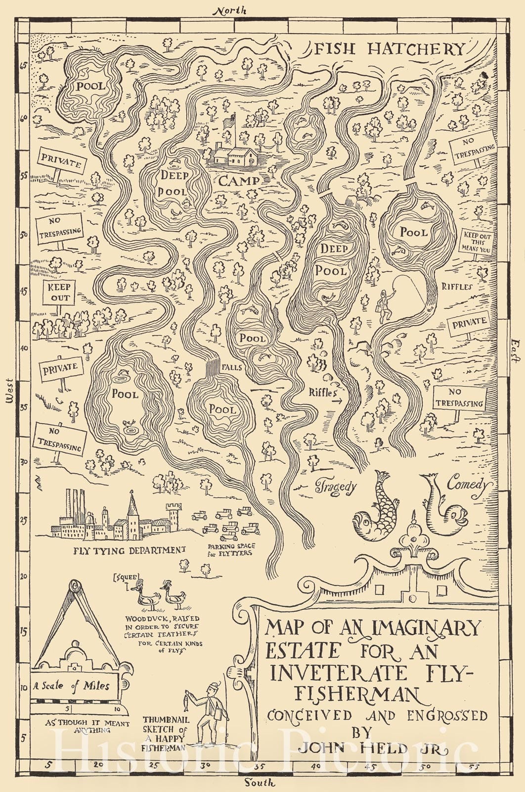 Historic Map : Map of an Imaginary Estate for an Inveterate Fly-Fisherman Conceived and Engrossed, 1925 Pictorial Map - Vintage Wall Art