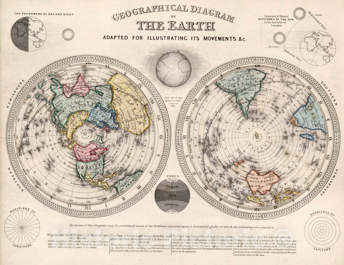 Historic Map : Geographical Diagram of The Earth : adapted for Illustrating its Movements &c, 1851 - Vintage Wall Art