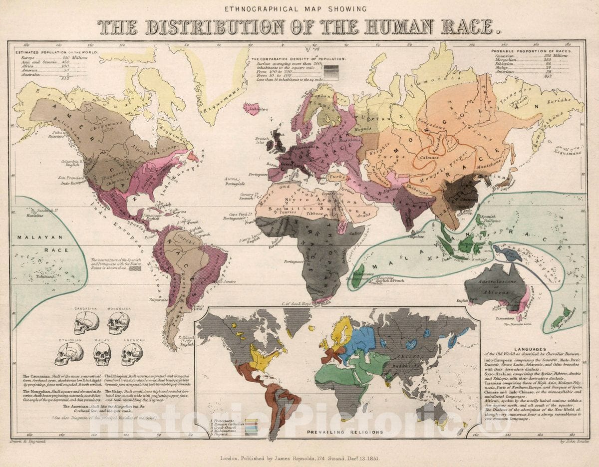 Historic Map : Ethnographical map Showing The Distribution of The Human Race, 1851 - Vintage Wall Art