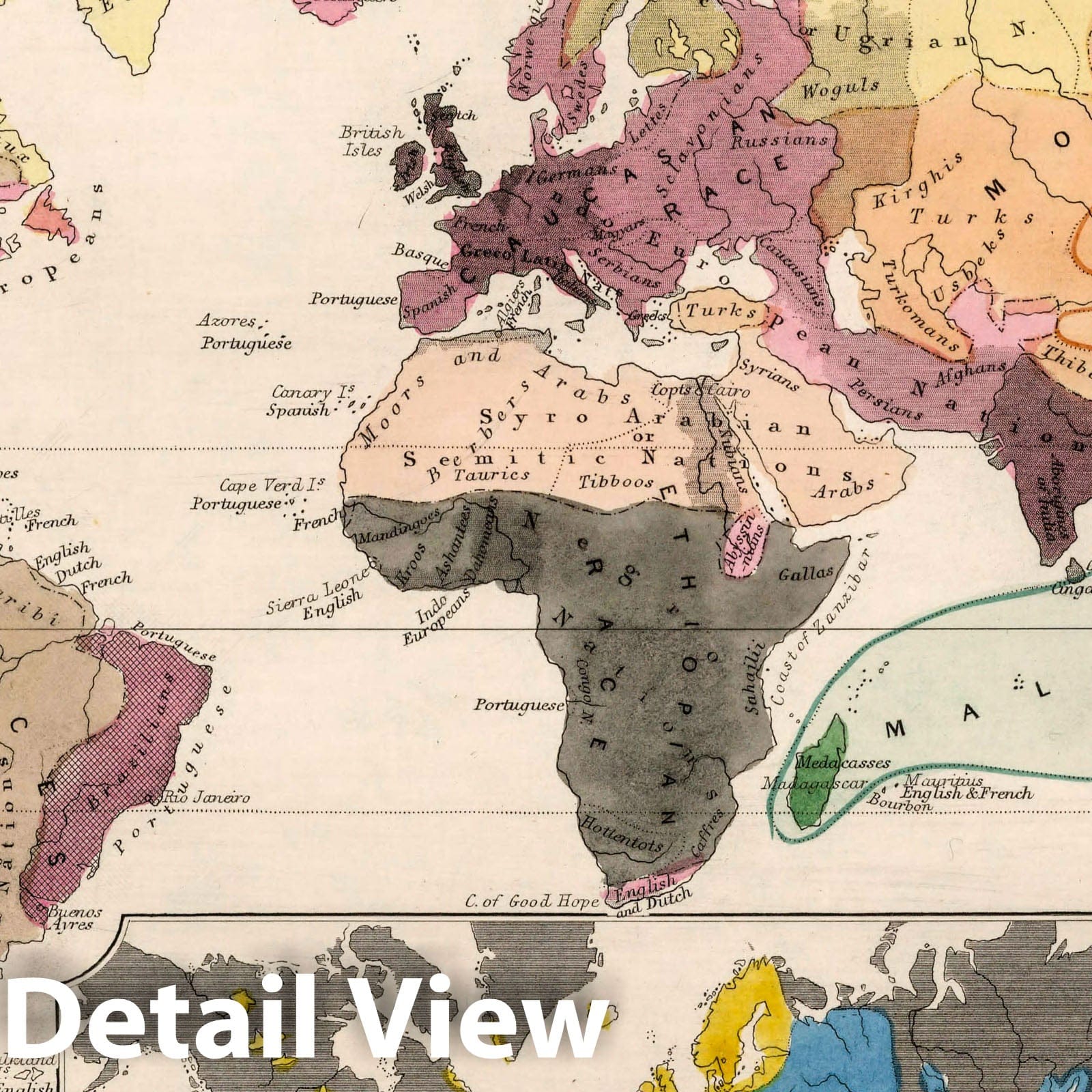 World - Ethnographical Distribution, 1851 - Historical Map Print
