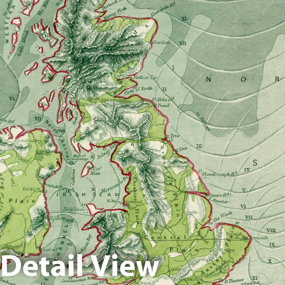 Historic Map : Physical map of The British Isles and The Surrounding seas, 1851 - Vintage Wall Art