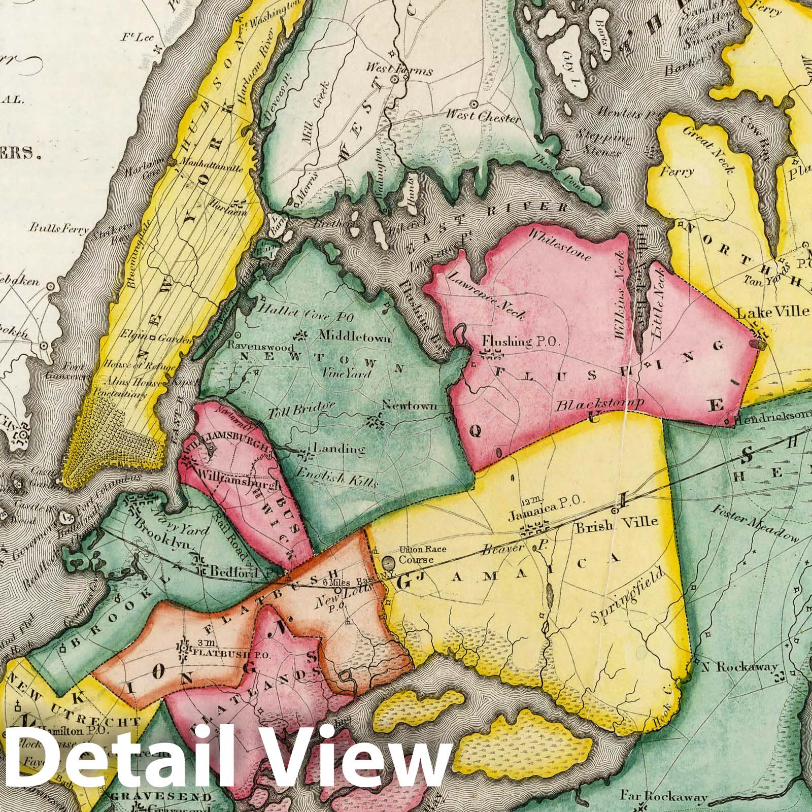 Queens, Kings, and Richmond Counties, New York - Physical Map, 1839 - Historical Map Print