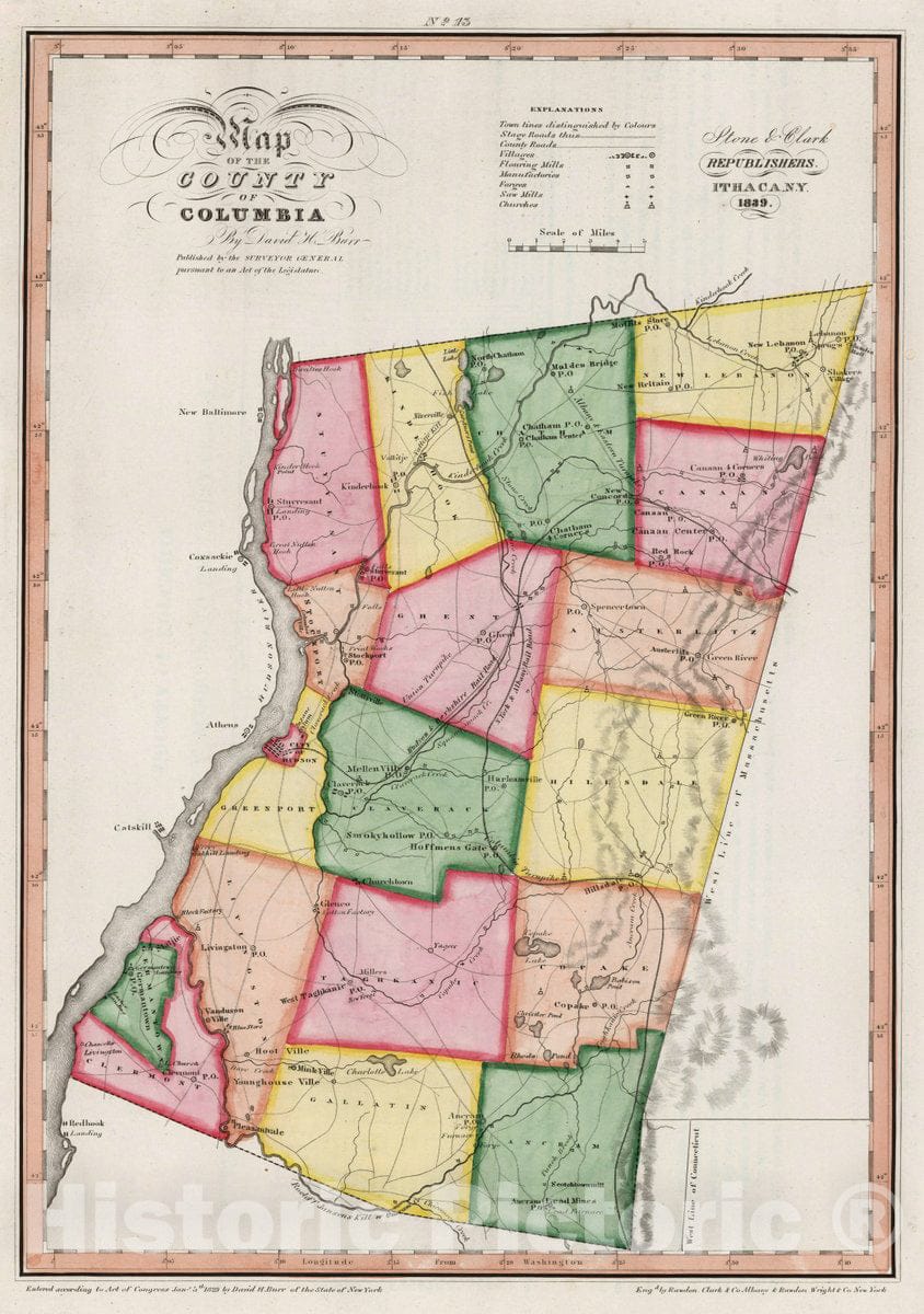 Historic Map : Map of The County of Columbia (New York), 1839 Atlas - Vintage Wall Art