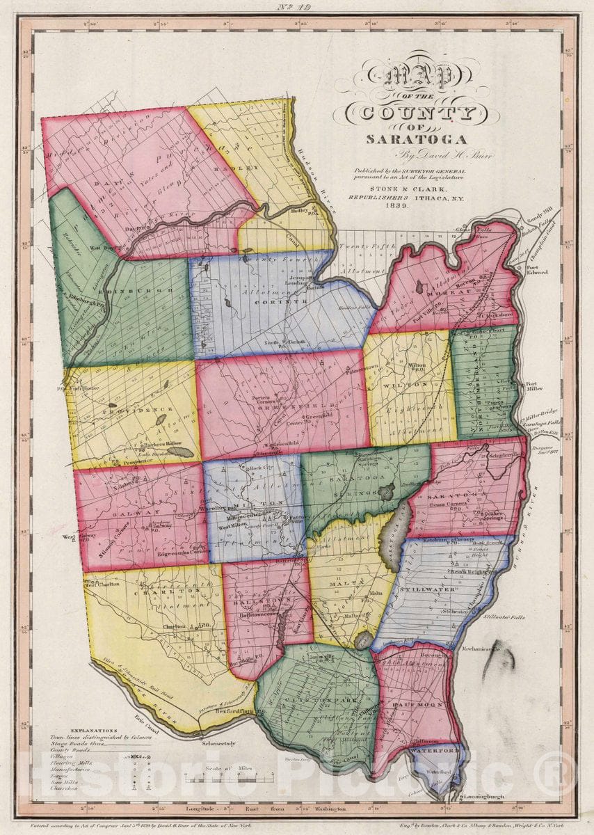 Historic Map : Map of The County of Saratoga (New York), 1840 Atlas - Vintage Wall Art