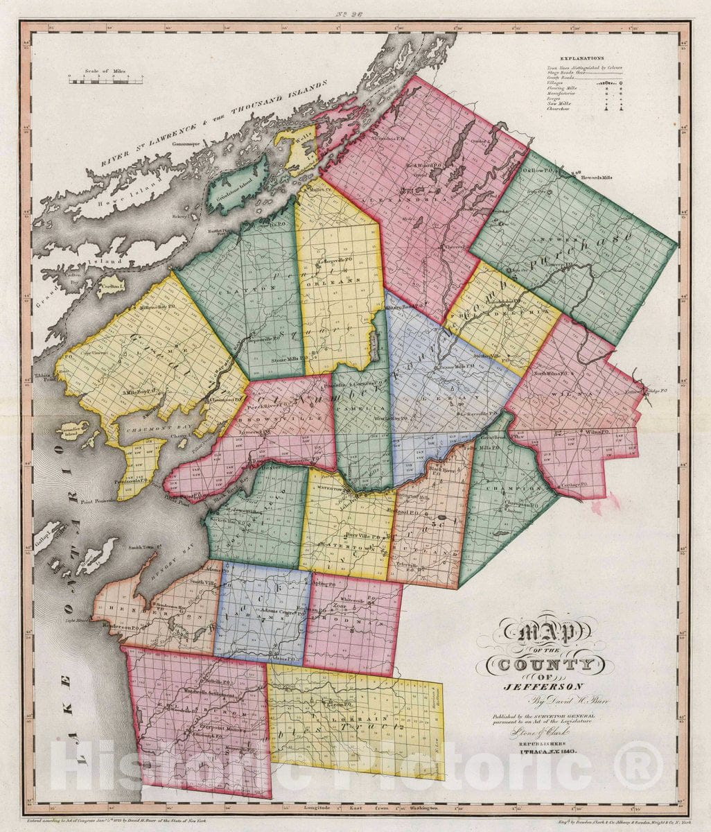 Historic Map : Map of The County of Jefferson (New York), 1840 Atlas - Vintage Wall Art