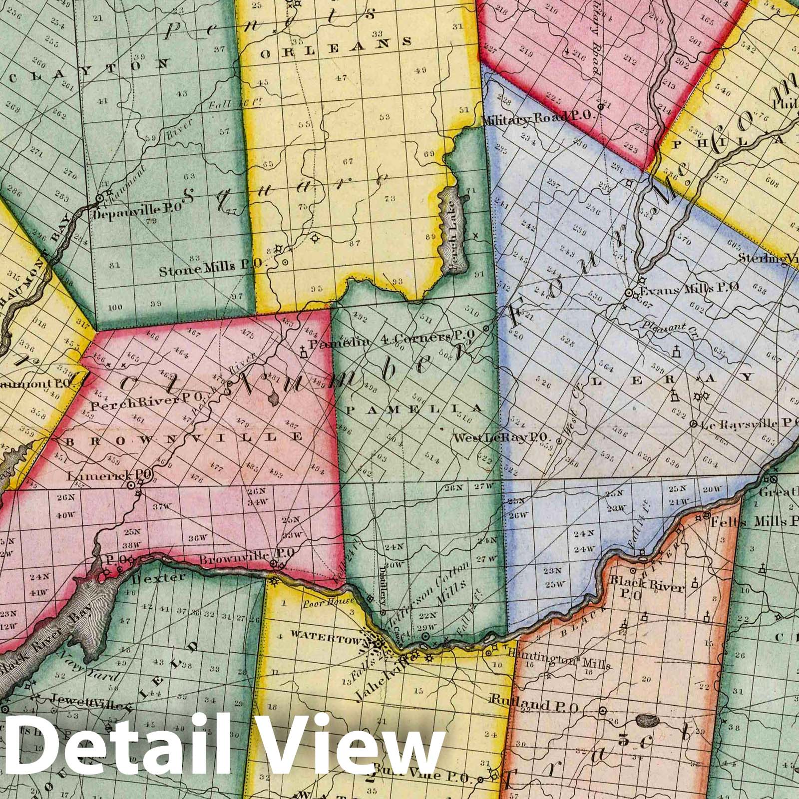 Jefferson County, New York - Physical Map, 1840 - Historical Map Print
