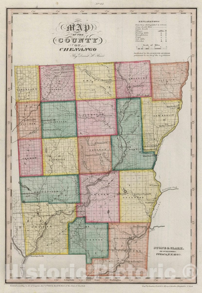 Chenango County, New York - Physical Map, 1840 - Historical Map Print