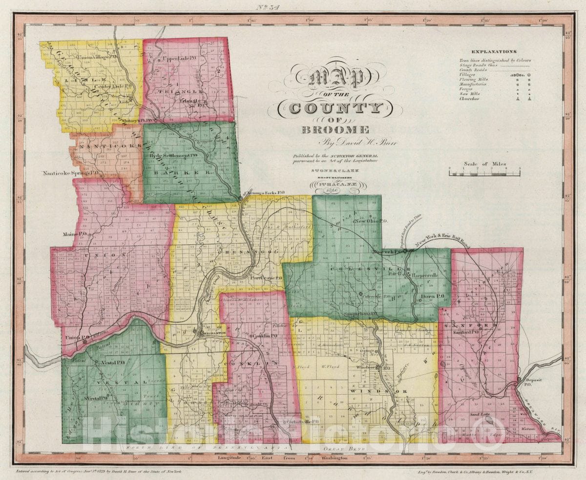 Historic Map : Map of County of Broome (New York), 1840 Atlas - Vintage Wall Art