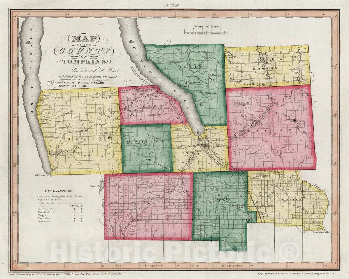 Historic Map : Map of The County of Tompkins, 1840 Atlas - Vintage Wall Art