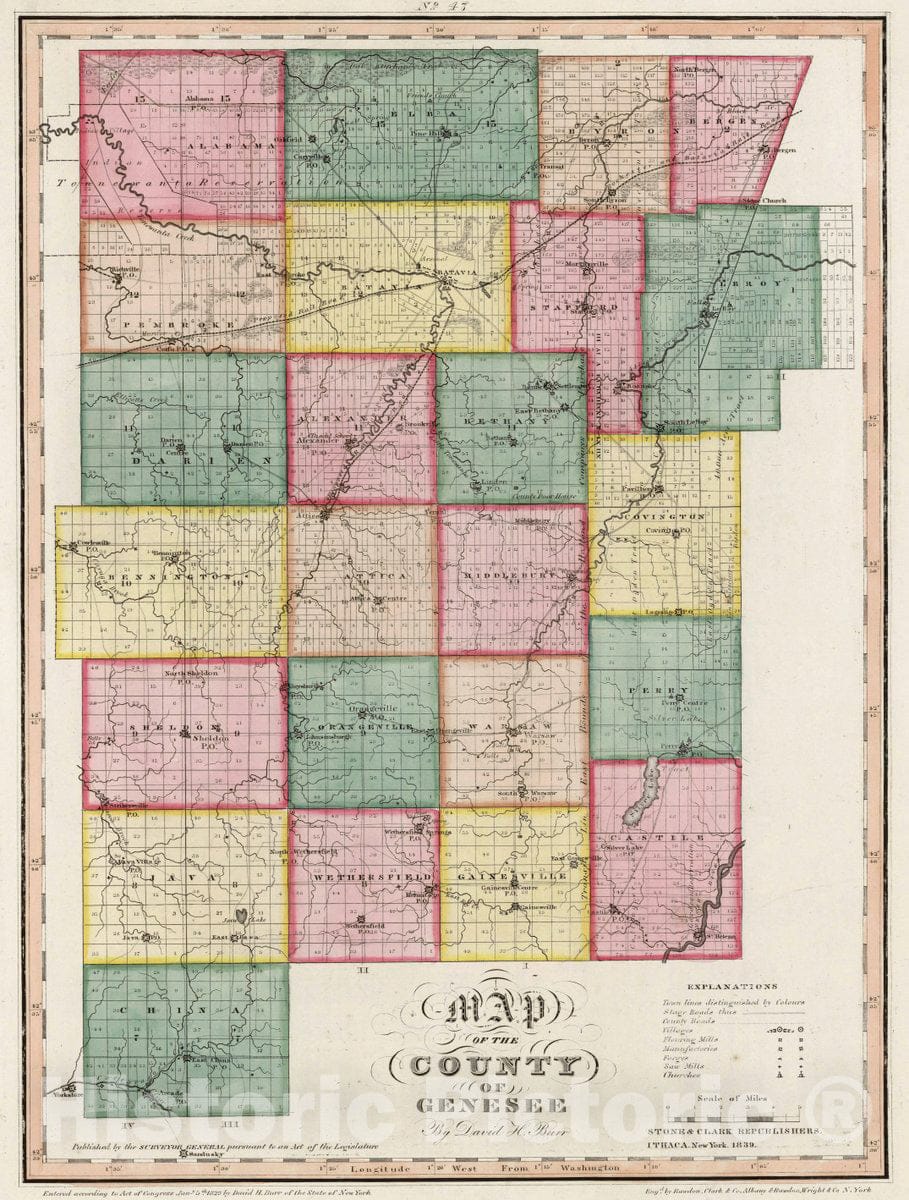 Historic Wall Map : Map of The County of Genesee (New York), 1839 Atlas - Vintage Wall Art