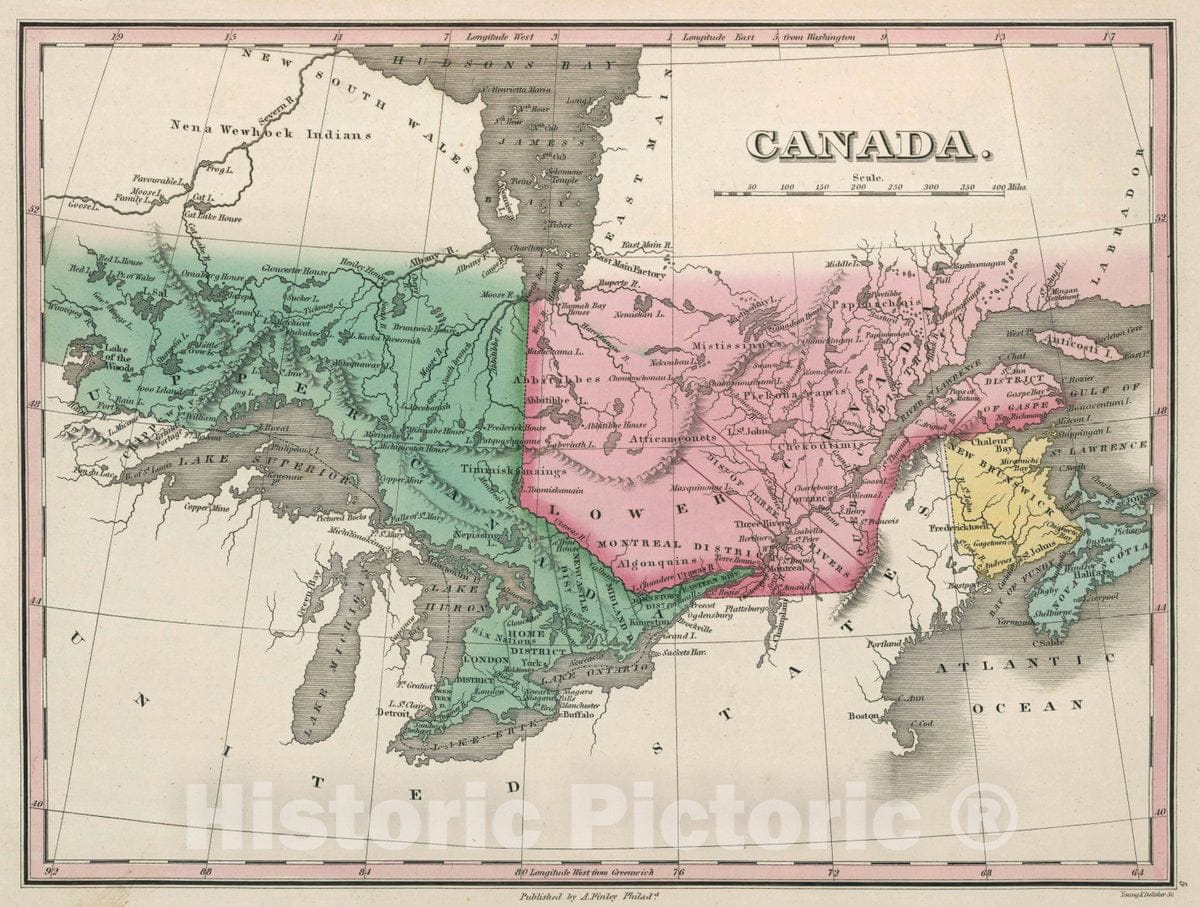 Historic Map : Canada. Young & Delleker Sc. Published by A. Finley, Philada, 1827 Atlas - Vintage Wall Art