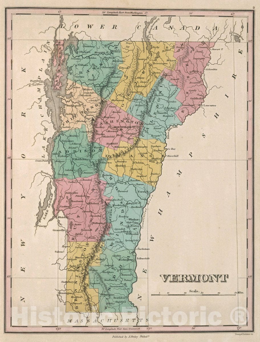 Historic Map : Vermont. Young & Delleker Sc. Published by A. Finley, Philada, 1827 Atlas - Vintage Wall Art