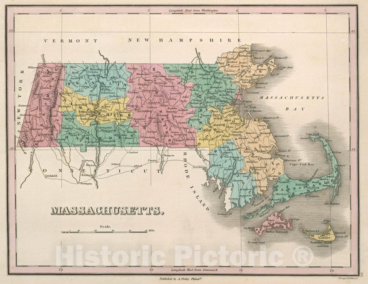 Historic Map : Massachusetts. Young & Delleker Sc. Published by A. Finley, Philada. A New General Atlas Comprising a Complete Set of Maps, 1827 Atlas - Vintage Wall Art