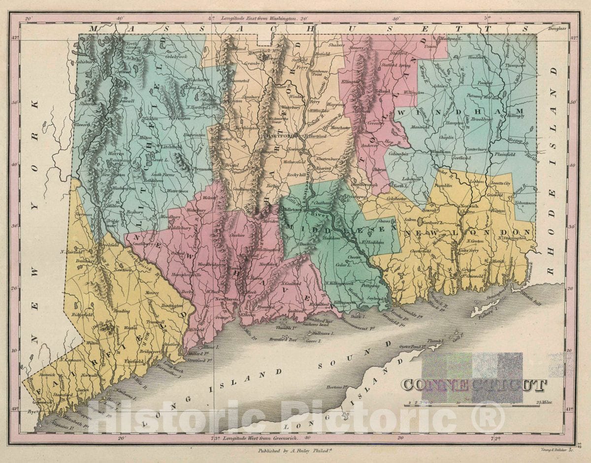 Historic Map : Connecticut. Young & Delleker Sc. Published by A. Finley, Philada, 1827 Atlas - Vintage Wall Art