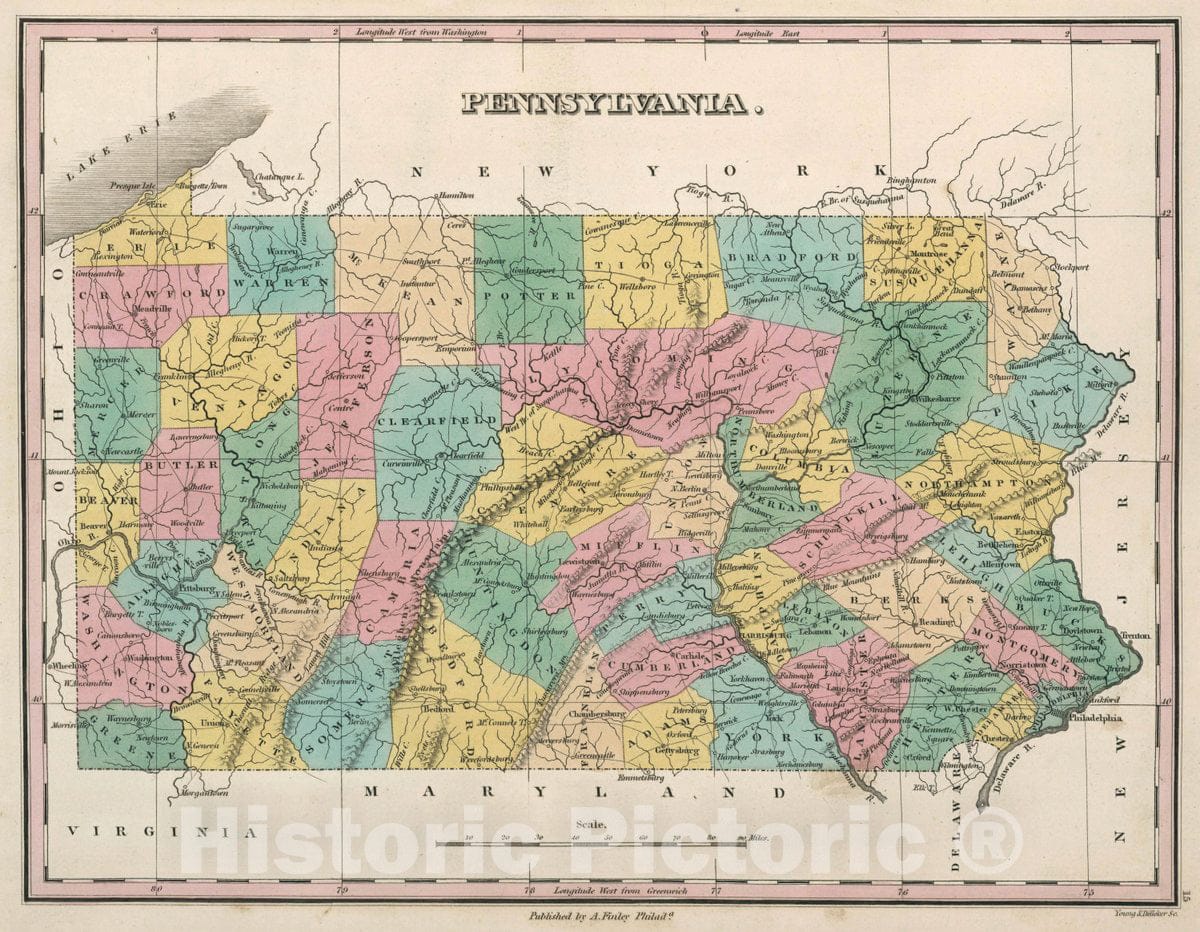 Historic Map : Pennsylvania. Young & Delleker Sc. Published by A. Finley, Philada, 1827 Atlas - Vintage Wall Art