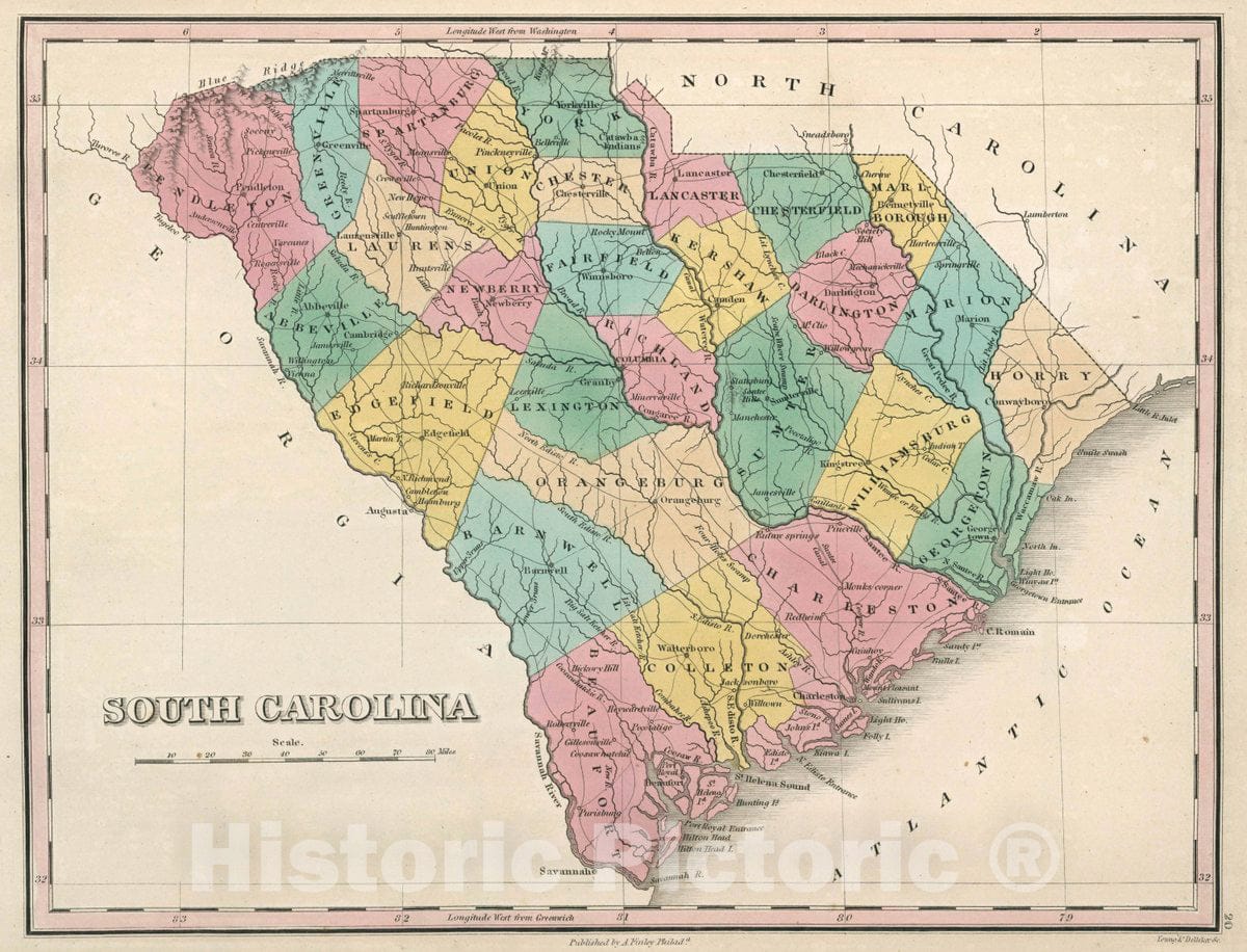 Historic Map : South Carolina. Young & Delleker Sc. Published by A. Finley, Philada. A New General Atlas Comprising a Complete Set of Maps, 1827 Atlas - Vintage Wall Art