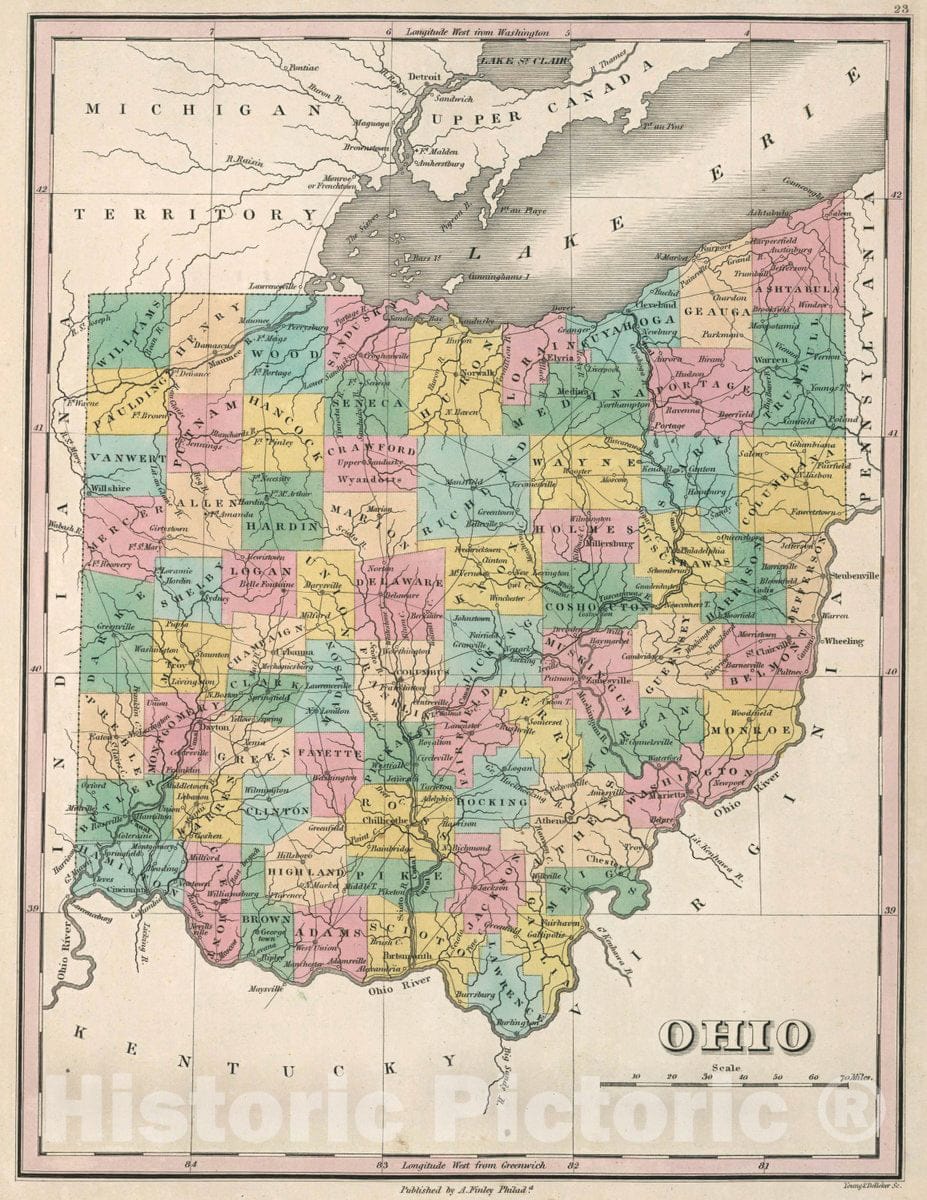 Historic Map : Ohio. Young & Delleker Sc. Published by A. Finley, Philada, 1827 Atlas - Vintage Wall Art
