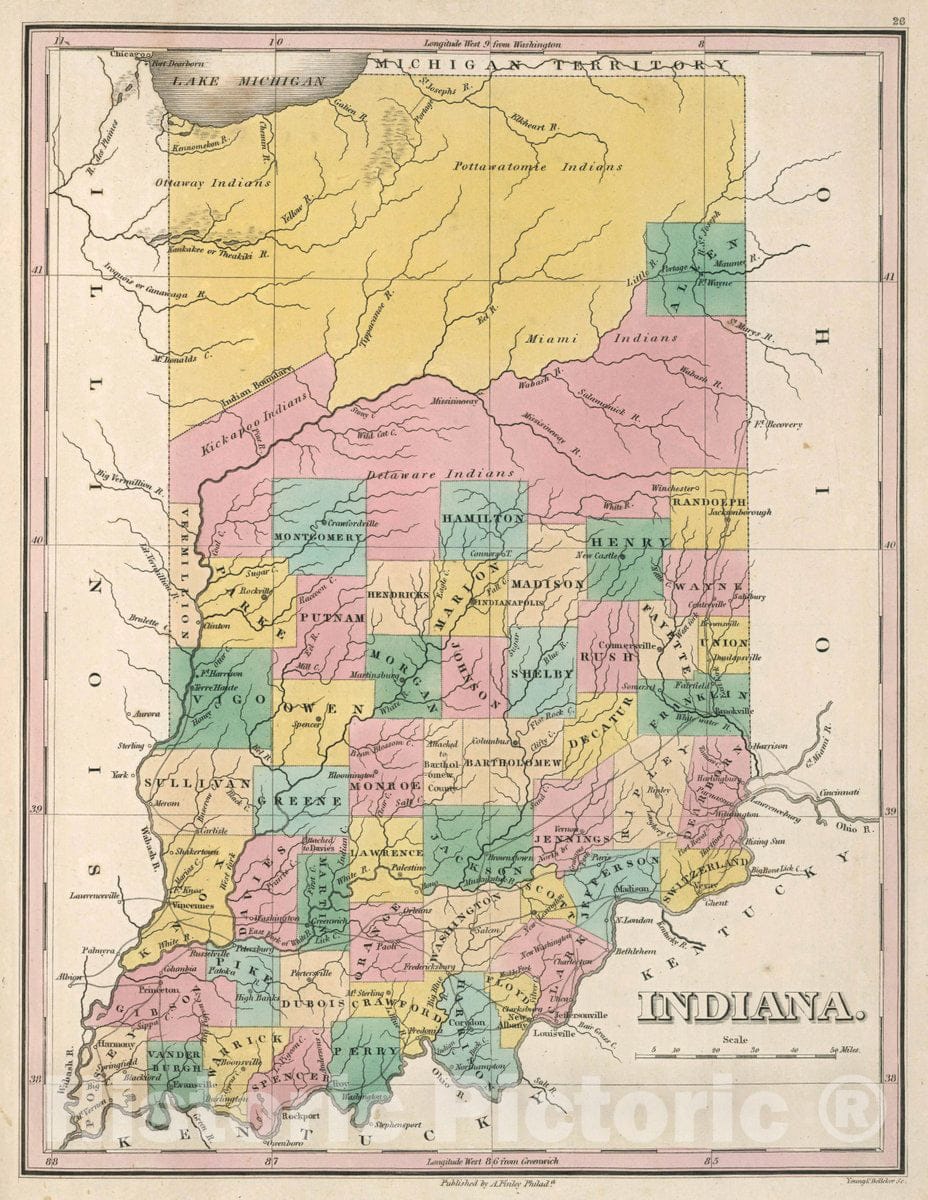 Historic Map : Indiana. Young & Delleker Sc. Published by A. Finley, Philada, 1827 Atlas - Vintage Wall Art