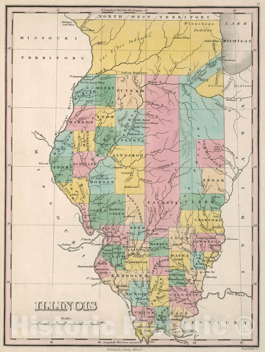 Historic Map : Illinois. Young & Delleker Sc. Published by A. Finley, Philada, 1827 Atlas - Vintage Wall Art