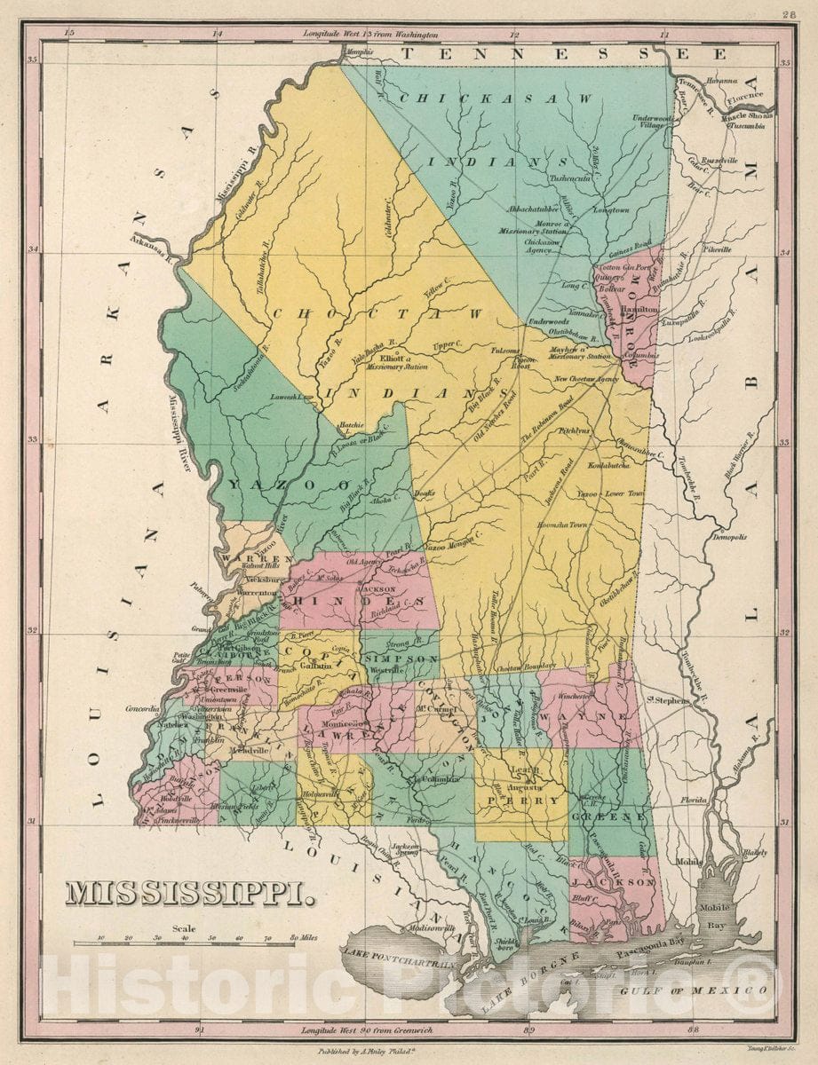 Historic Map : Mississippi. Young & Delleker Sc. Published by A. Finley, Philada, 1827 Atlas - Vintage Wall Art