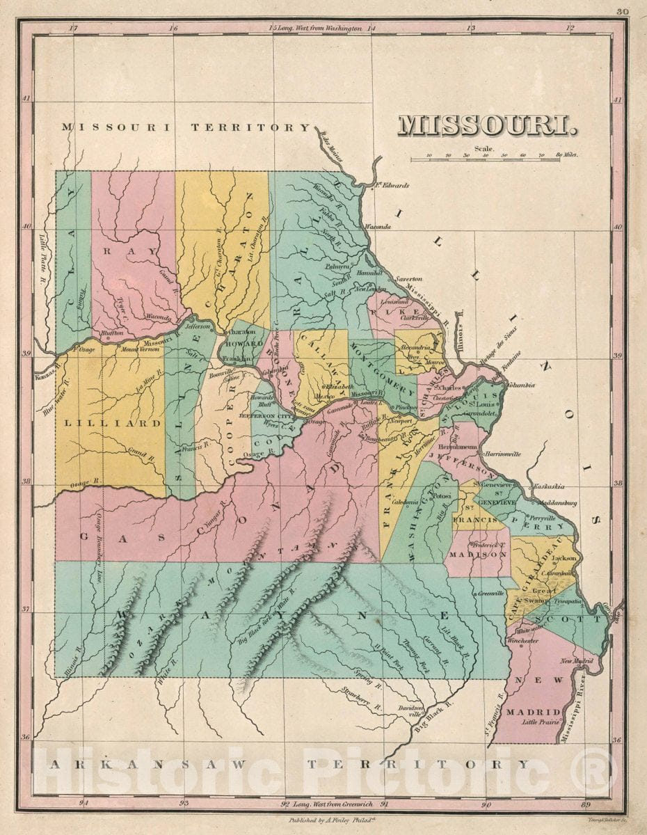 Historic Map : Missouri. Young & Delleker Sc. Published by A. Finley, Philada, 1827 Atlas - Vintage Wall Art