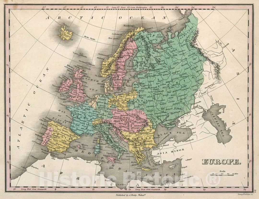 Historic Map : Europe. Young & Delleker Sc. Published by A. Finley, Philada, 1827 Atlas - Vintage Wall Art