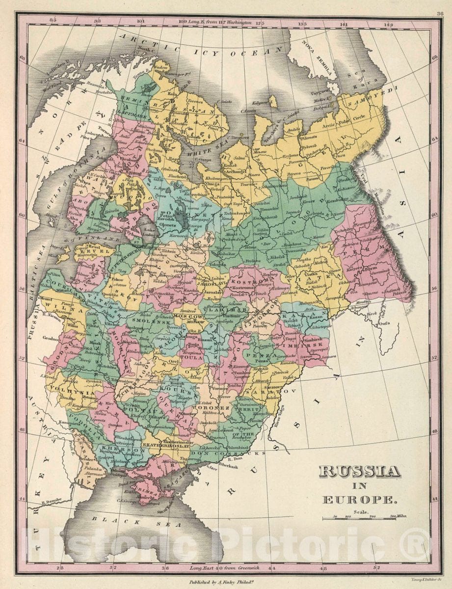 Historic Map : Russia in Europe. Young & Delleker Sc. Published by A. Finley, Philada. A New General Atlas Comprising a Complete Set of Maps, 1827 Atlas - Vintage Wall Art
