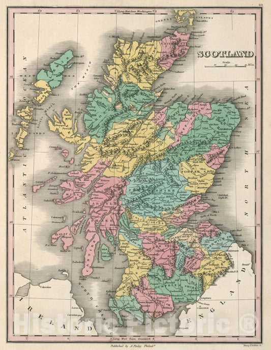 Historic Map : Scotland. Young & Delleker Sc. Published by A. Finley, Philada, 1827 Atlas - Vintage Wall Art
