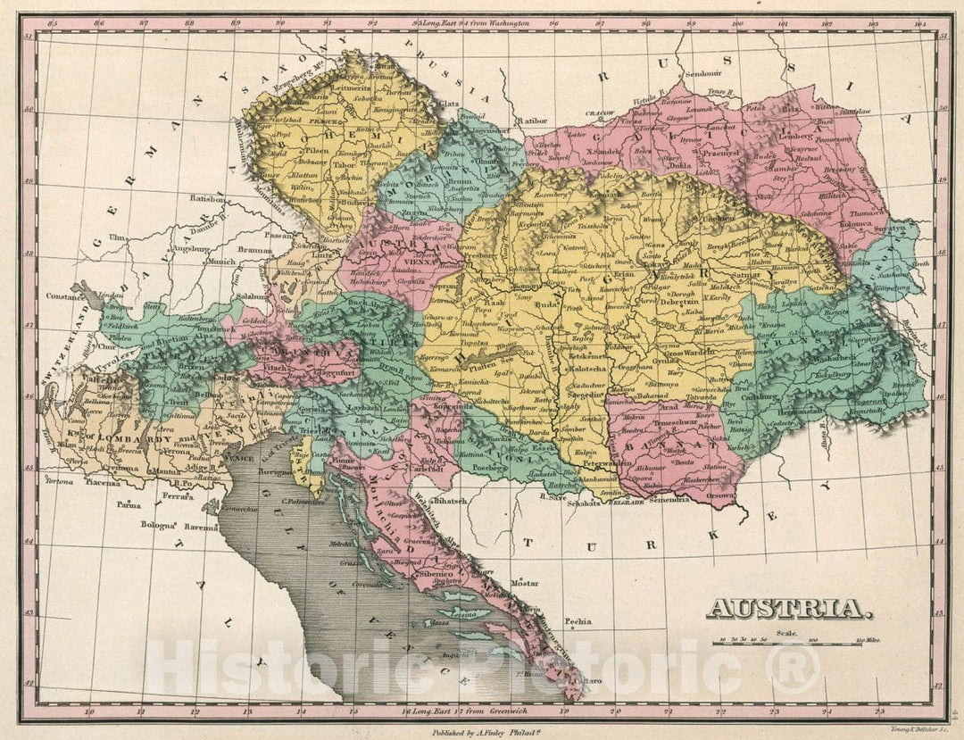 Historic Map : Austria. Young & Delleker Sc. Published by A. Finley, Philada, 1827 Atlas - Vintage Wall Art