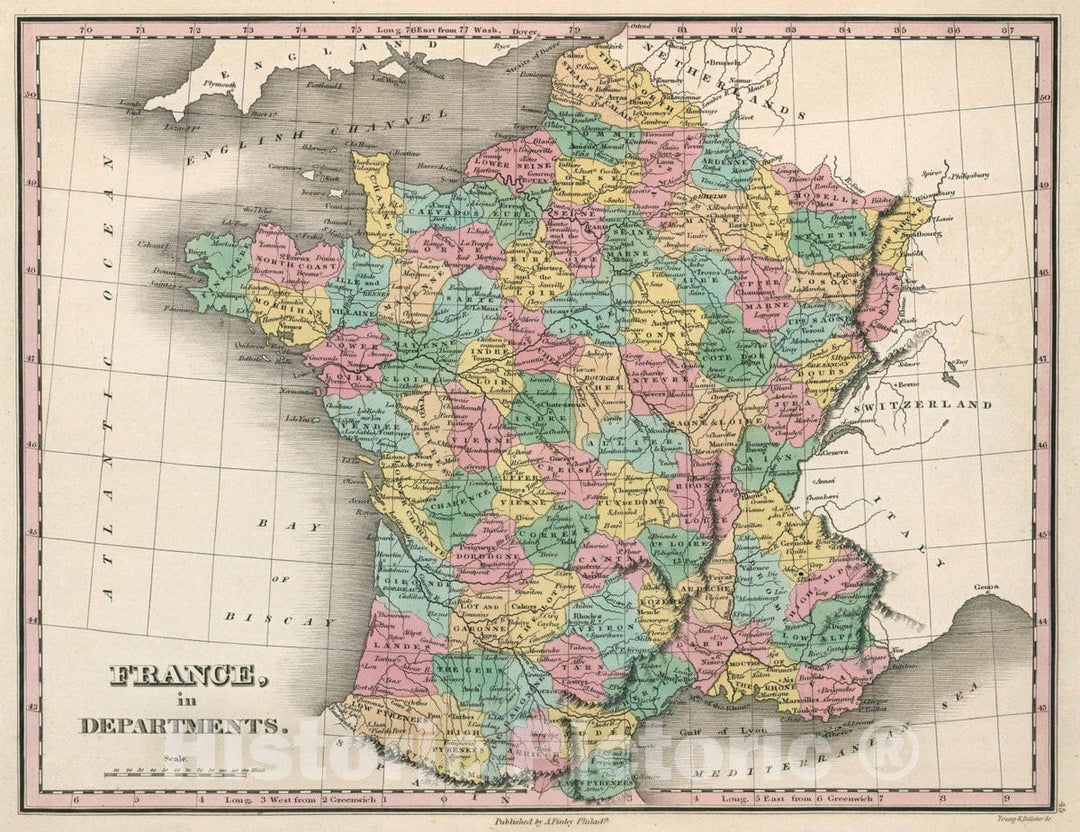 Historic Map : France, in Departments. Young & Delleker Sc. Published by A. Finley, Philada, 1827 Atlas - Vintage Wall Art