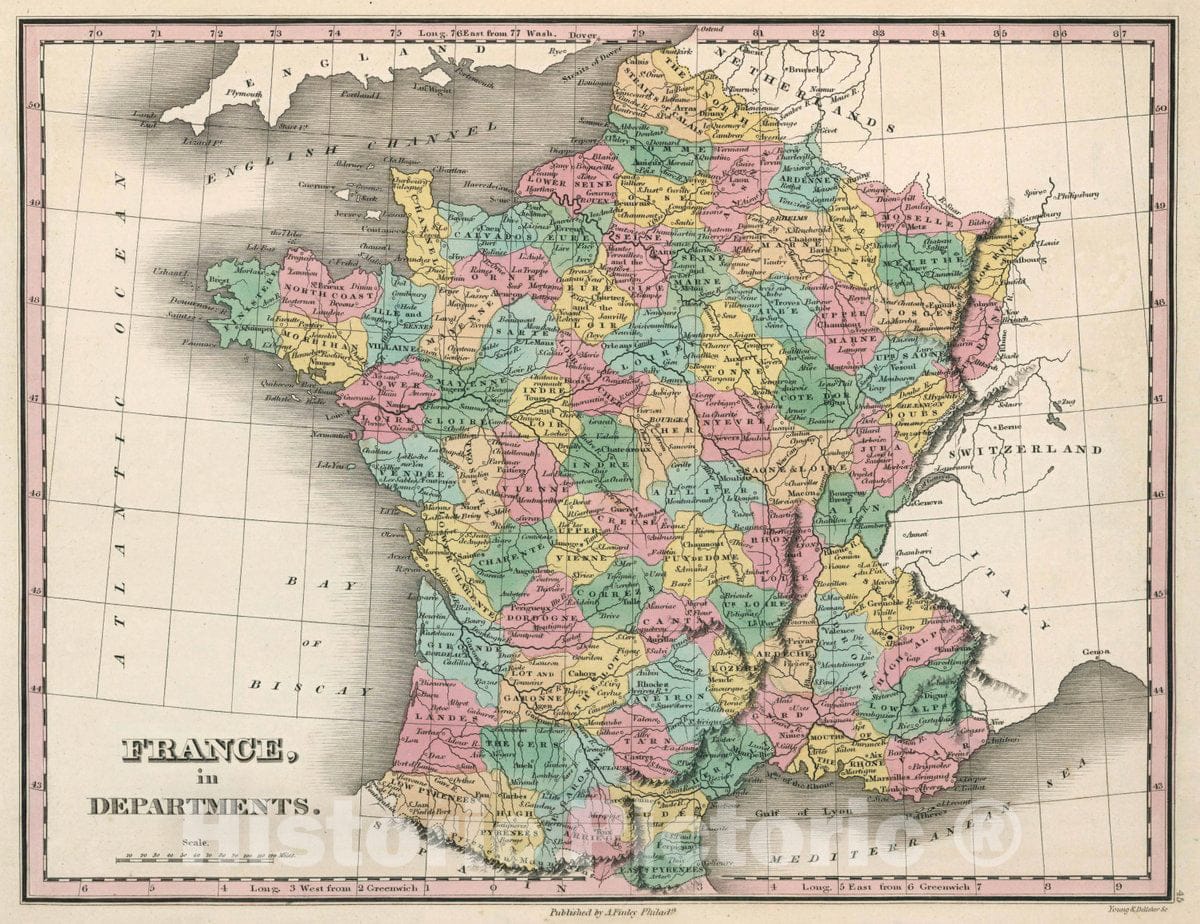 Historic Map : France, in Departments. Young & Delleker Sc. Published by A. Finley, Philada, 1827 Atlas - Vintage Wall Art