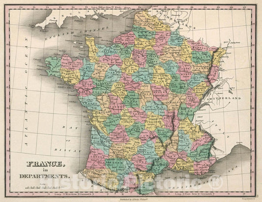 Historic Map : France, in Departments. Young & Delleker Sc. Published by A. Finley, Philada, 1827 Atlas - Vintage Wall Art