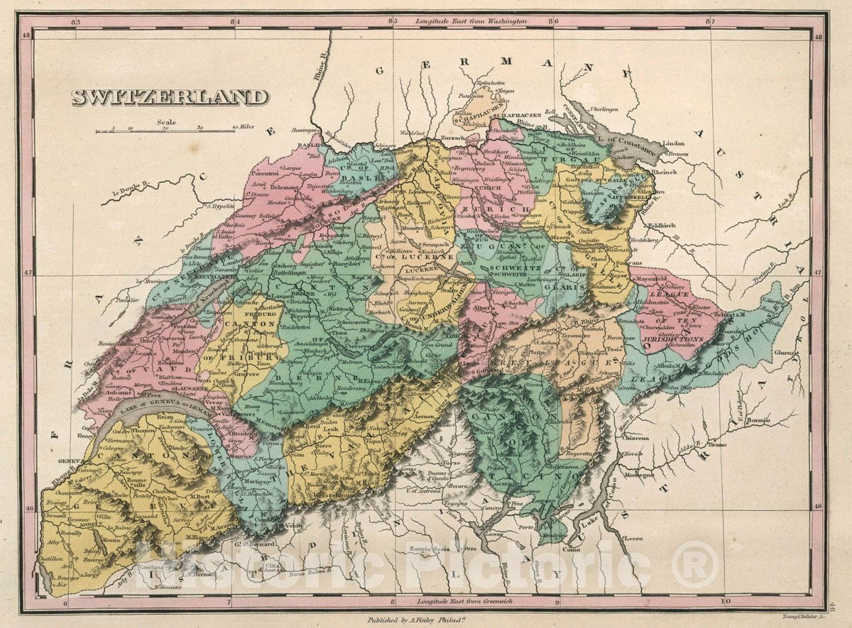 Historic Map : Switzerland. Young & Delleker Sc. Published by A. Finley, Philada, 1827 Atlas - Vintage Wall Art
