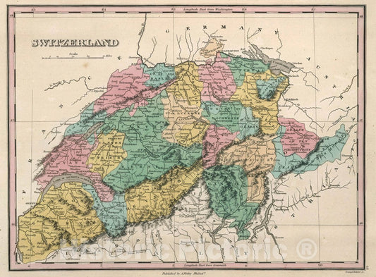 Historic Map : Switzerland. Young & Delleker Sc. Published by A. Finley, Philada, 1827 Atlas - Vintage Wall Art