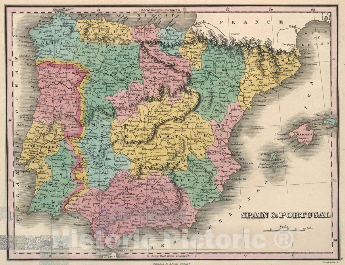 Historic Map : Spain & Portugal. Young & Delleker Sc. Published by A. Finley, Philada. A New General Atlas Comprising a Complete Set of Maps, 1827 Atlas - Vintage Wall Art