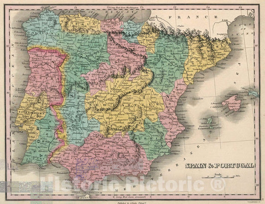 Historic Map : Spain & Portugal. Young & Delleker Sc. Published by A. Finley, Philada. A New General Atlas Comprising a Complete Set of Maps, 1827 Atlas - Vintage Wall Art