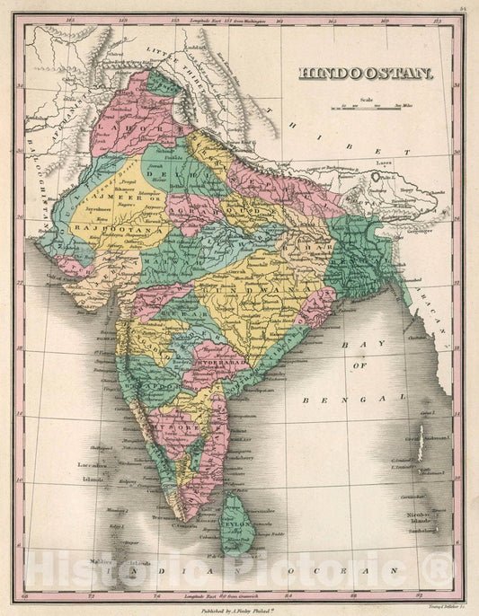Historic Map : Hindoostan. Young & Delleker Sc. Published by A. Finley, Philada, 1827 Atlas - Vintage Wall Art