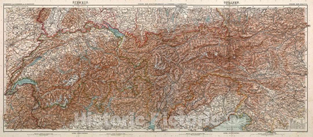 Historic Map : Austria, Alps Composite Map: Nr. 15. Schweiz und Ostalpen, 1911 Atlas , Vintage Wall Art