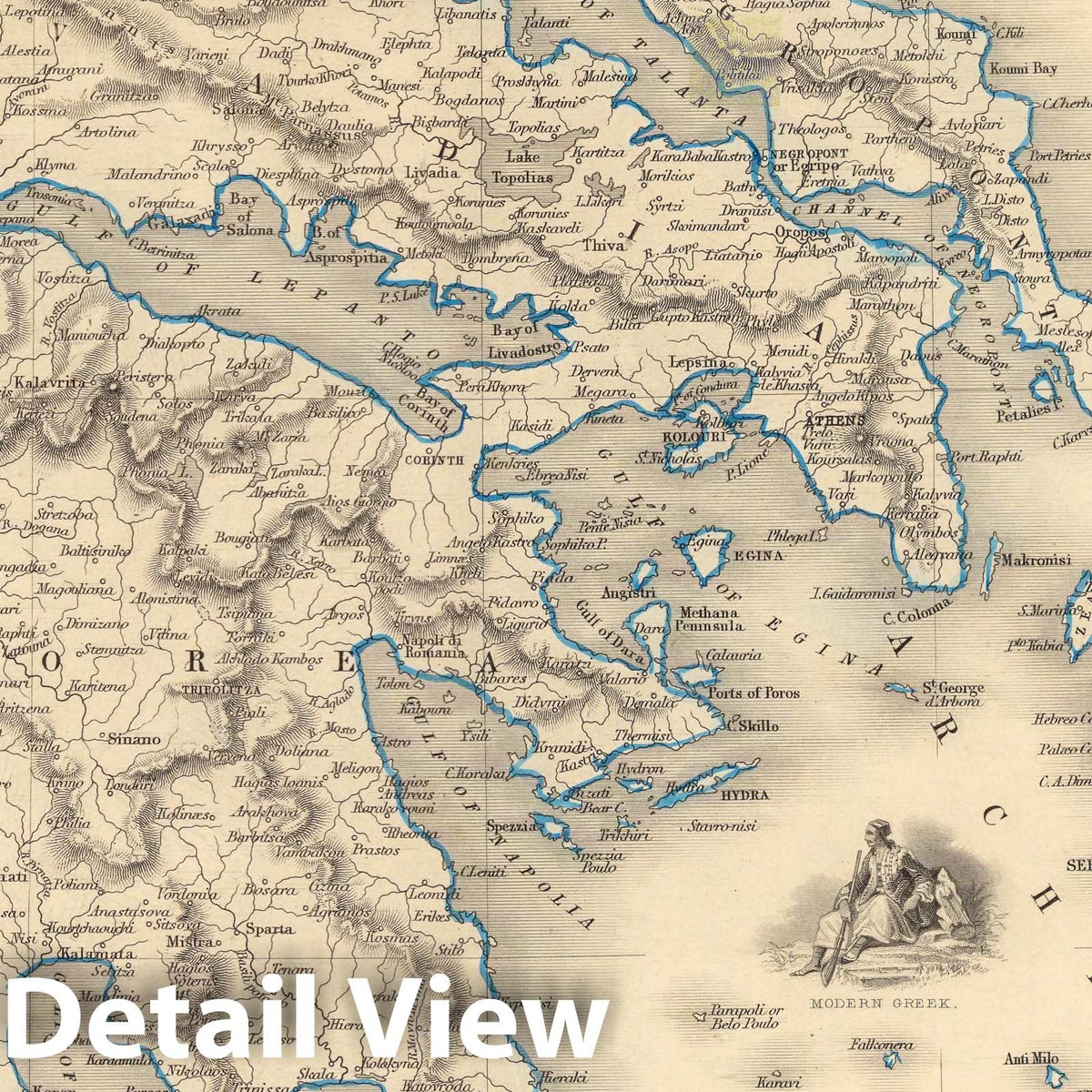 Greece, 1851 - Hand-Colored Historical Map Print with Corfu and Stampalia