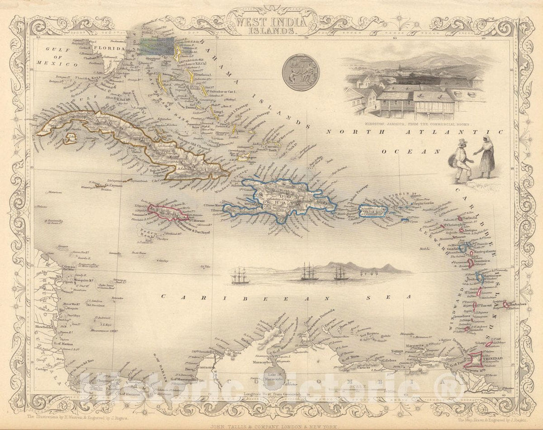 Historic Map : West India Islands. The Illustrations by H. Warren & Engraved by J. Rogers. The Map Drawn & Engraved by J. Rapkin, 1851 Atlas - Vintage Wall Art